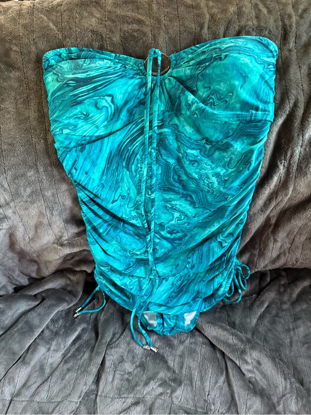Michael Kors Teal Marble Ruched Strapless Swim One-Piece